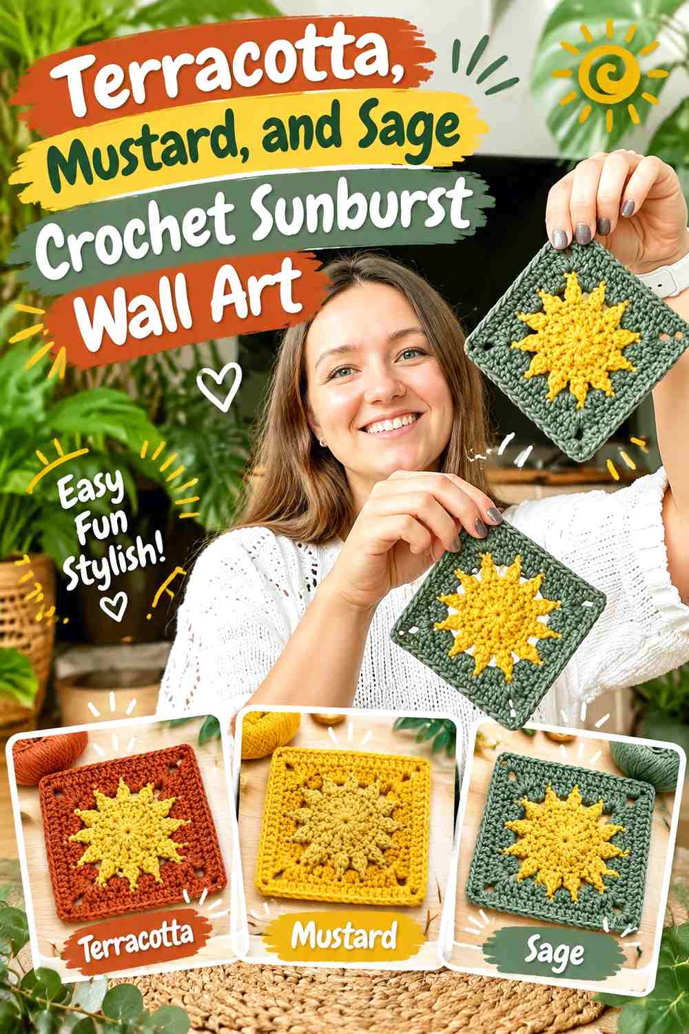 Terracotta, Mustard, and Sage Crochet Sunburst Wall Art