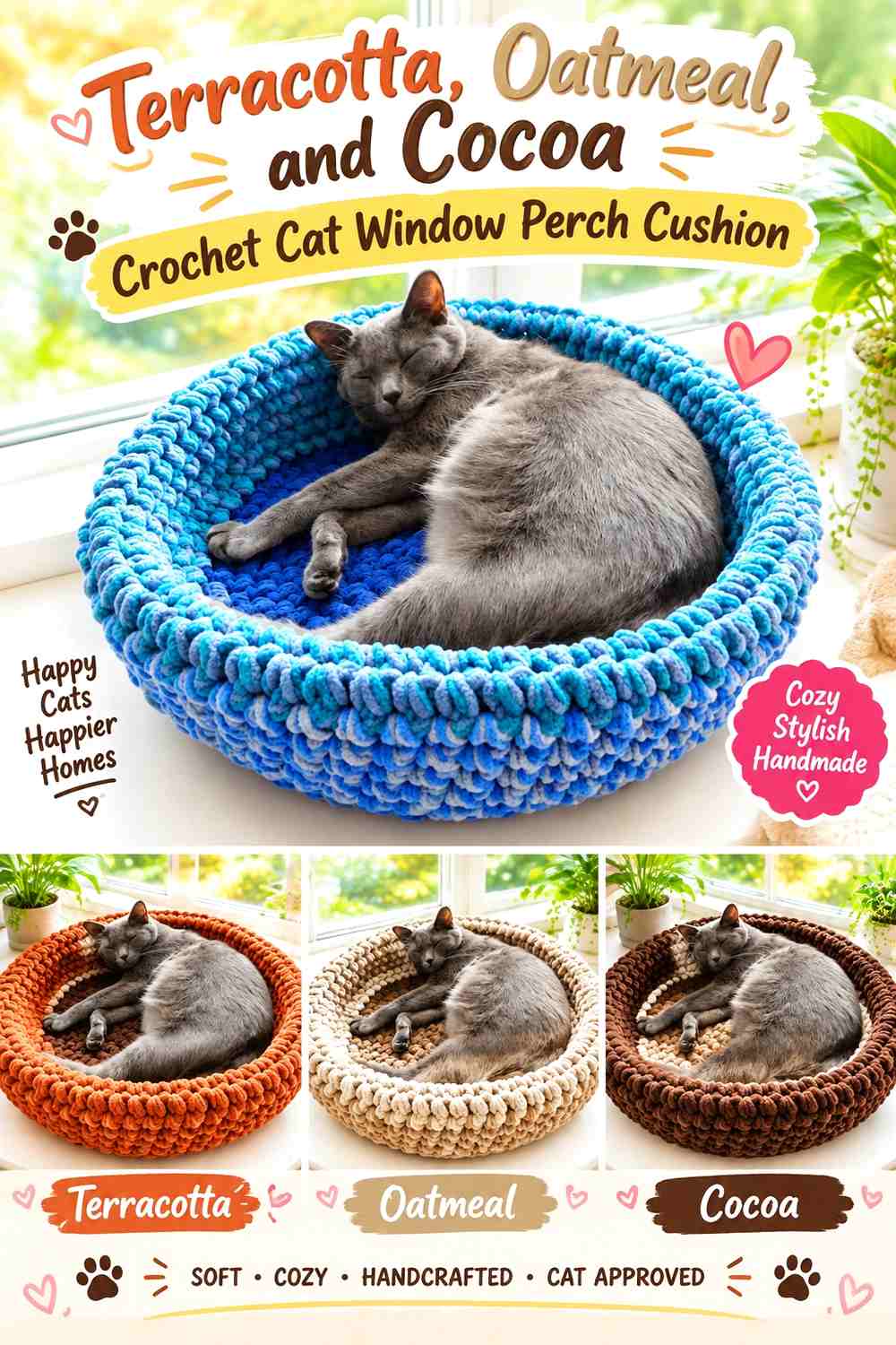 Terracotta, Oatmeal, and Cocoa Crochet Cat Window Perch Cushion