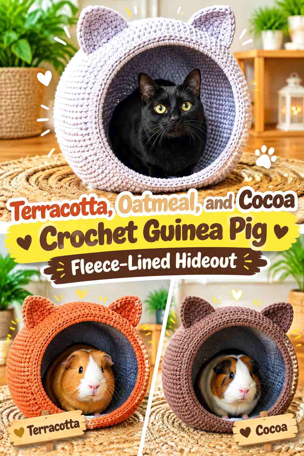 Terracotta, Oatmeal, and Cocoa Crochet Guinea Pig Fleece-Lined Hideout