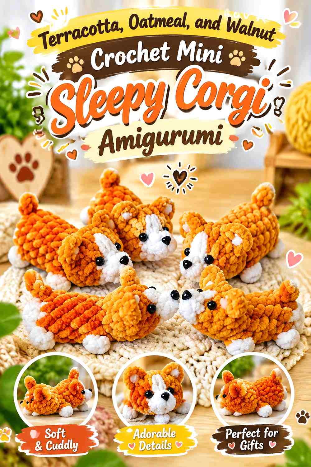 Terracotta, Oatmeal, and Walnut Crochet Mini Sleepy Corgi Amigurumi