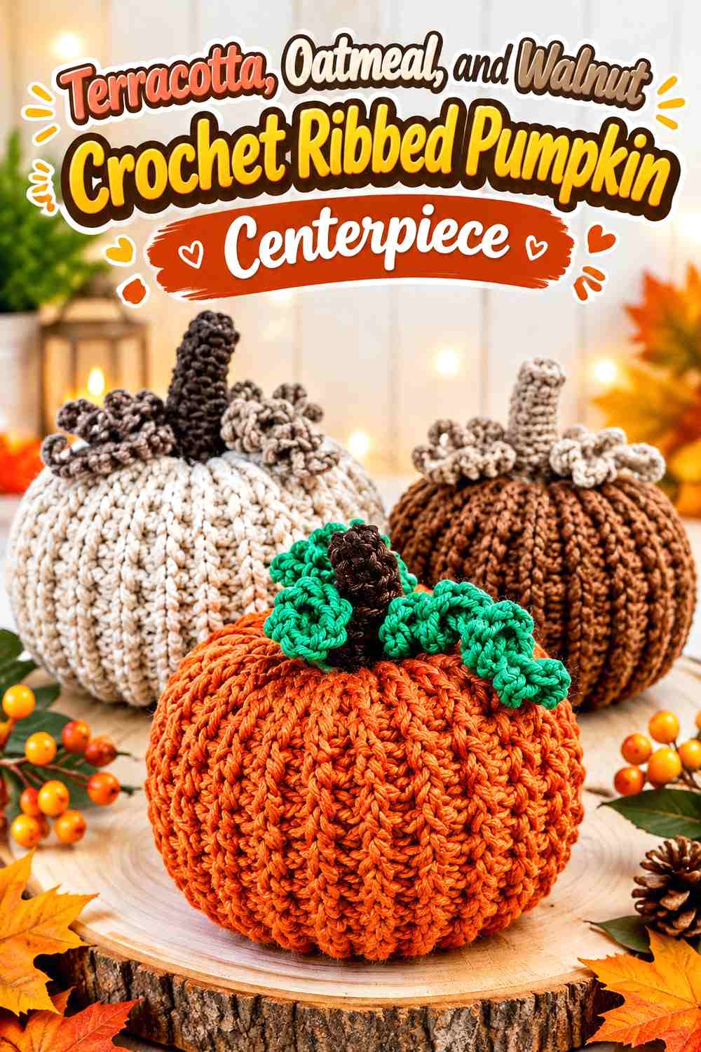 Terracotta, Oatmeal, and Walnut Crochet Ribbed Pumpkin Centerpiece