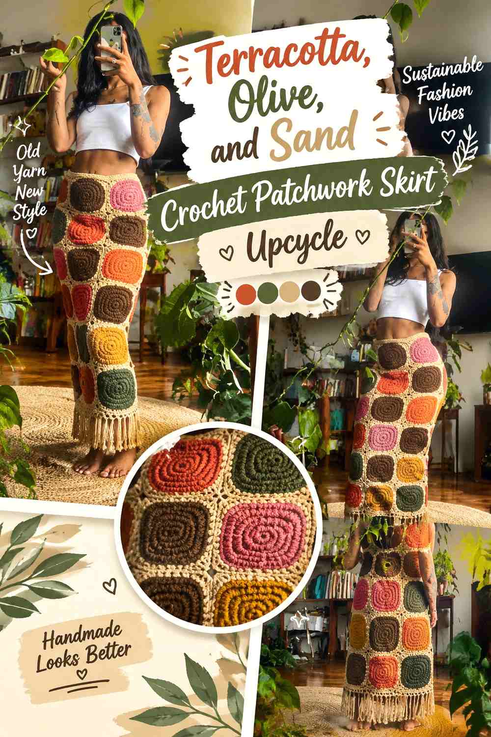 Terracotta, Olive, and Sand Crochet Patchwork Skirt Upcycle