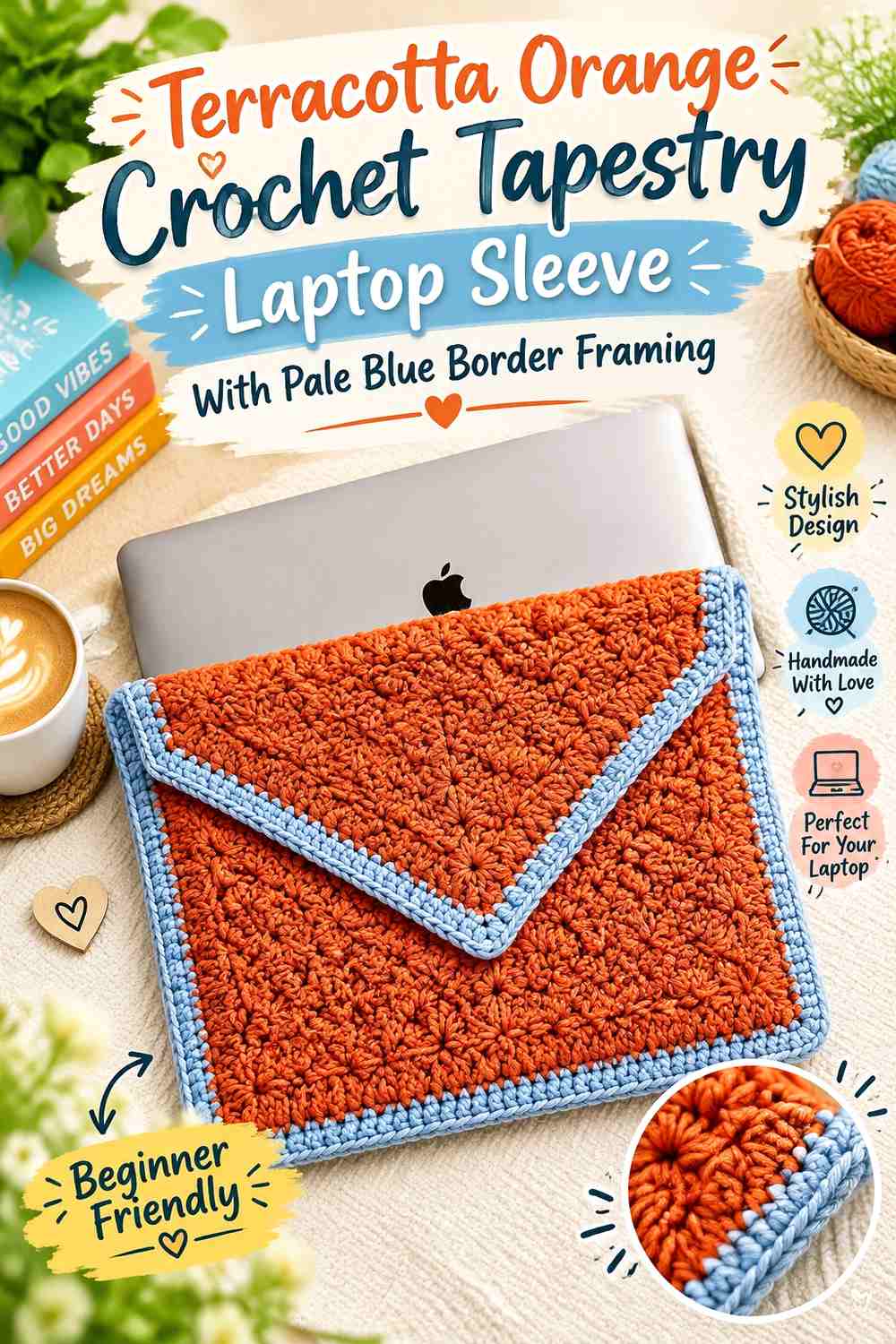 Terracotta Orange Crochet Tapestry Laptop Sleeve With Pale Blue Border Framing