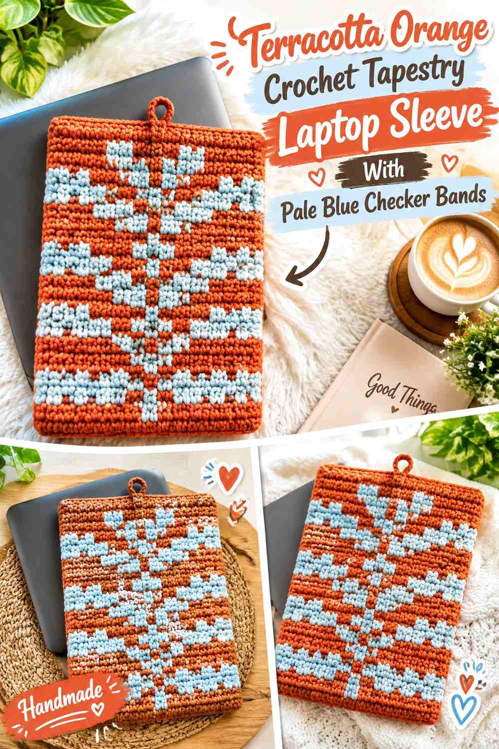 Terracotta Orange Crochet Tapestry Laptop Sleeve With Pale Blue Checker Bands