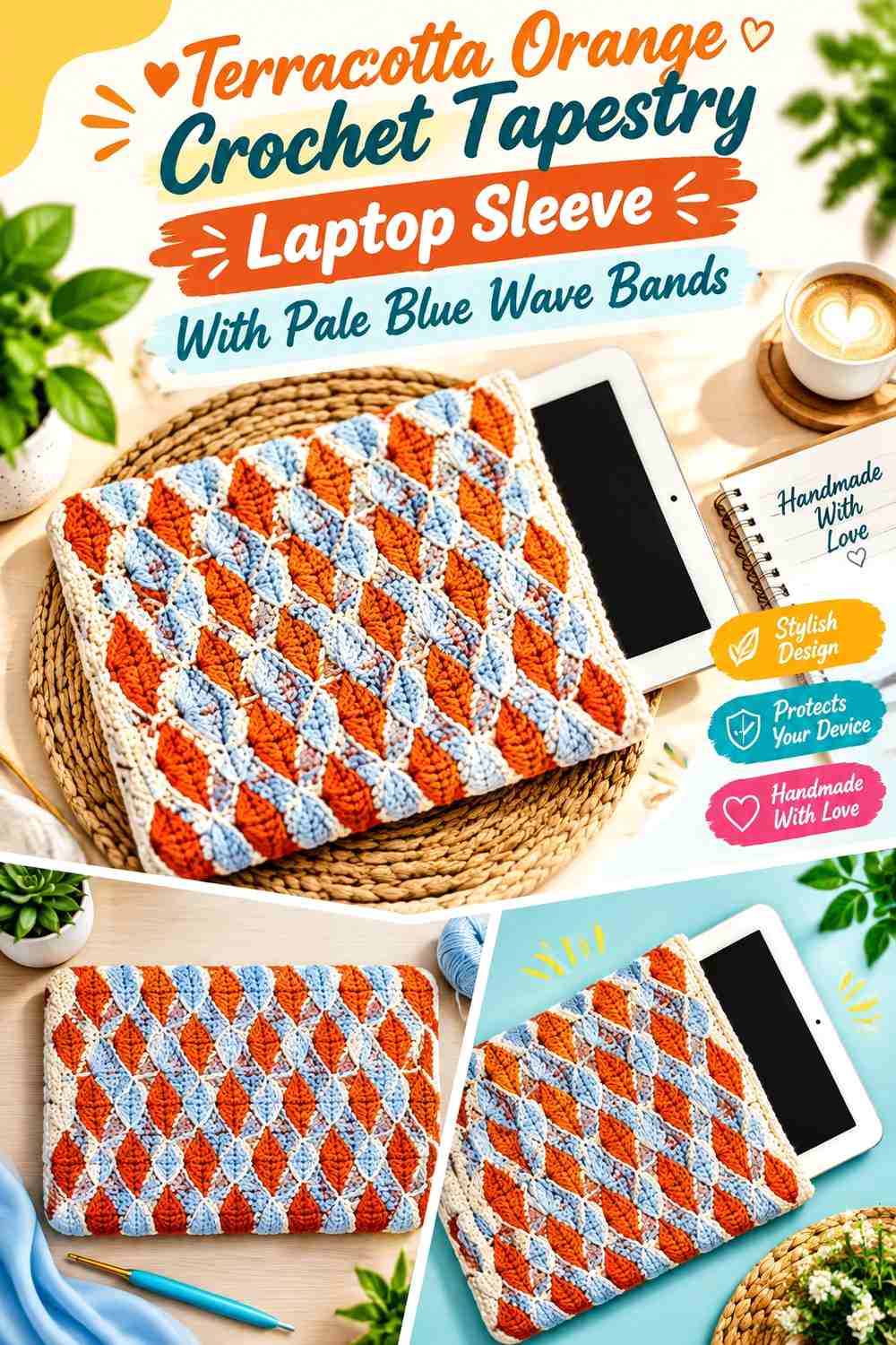 Terracotta Orange Crochet Tapestry Laptop Sleeve With Pale Blue Wave Bands
