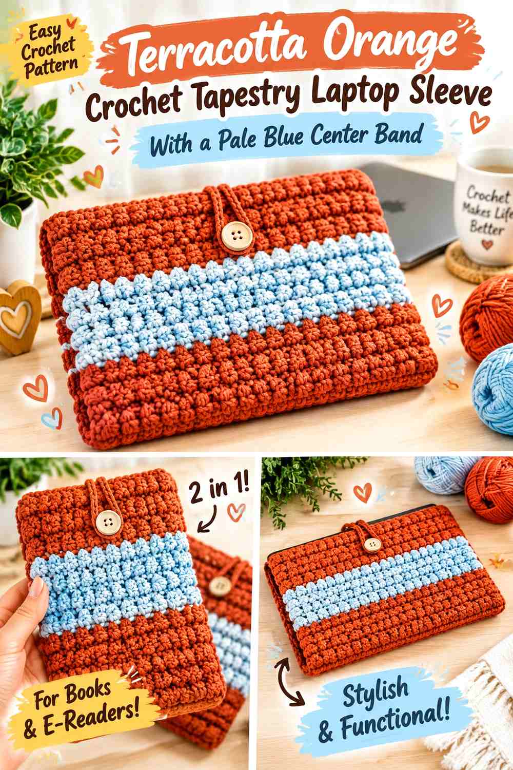 Terracotta Orange Crochet Tapestry Laptop Sleeve With a Pale Blue Center Band
