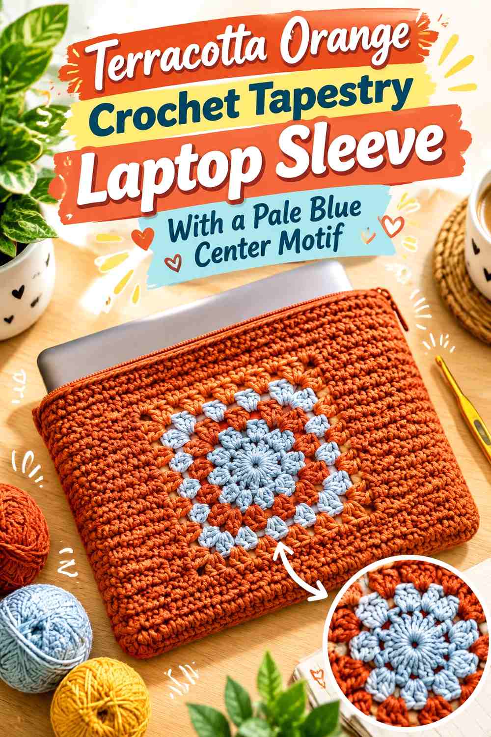 Terracotta Orange Crochet Tapestry Laptop Sleeve With a Pale Blue Center Motif
