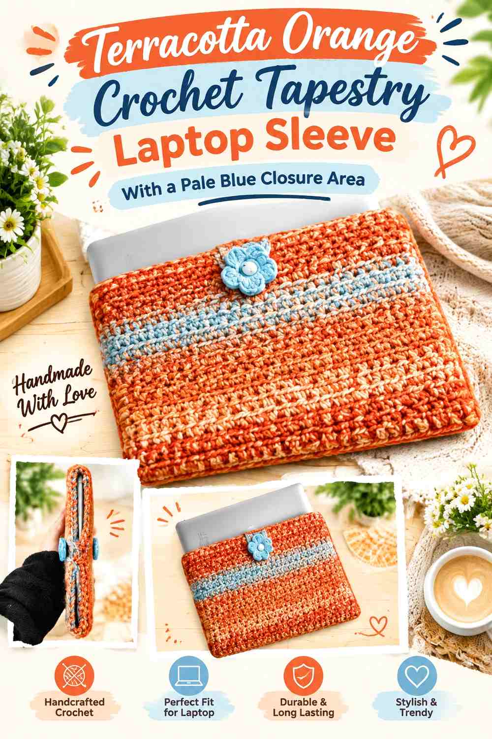 Terracotta Orange Crochet Tapestry Laptop Sleeve With a Pale Blue Closure Area