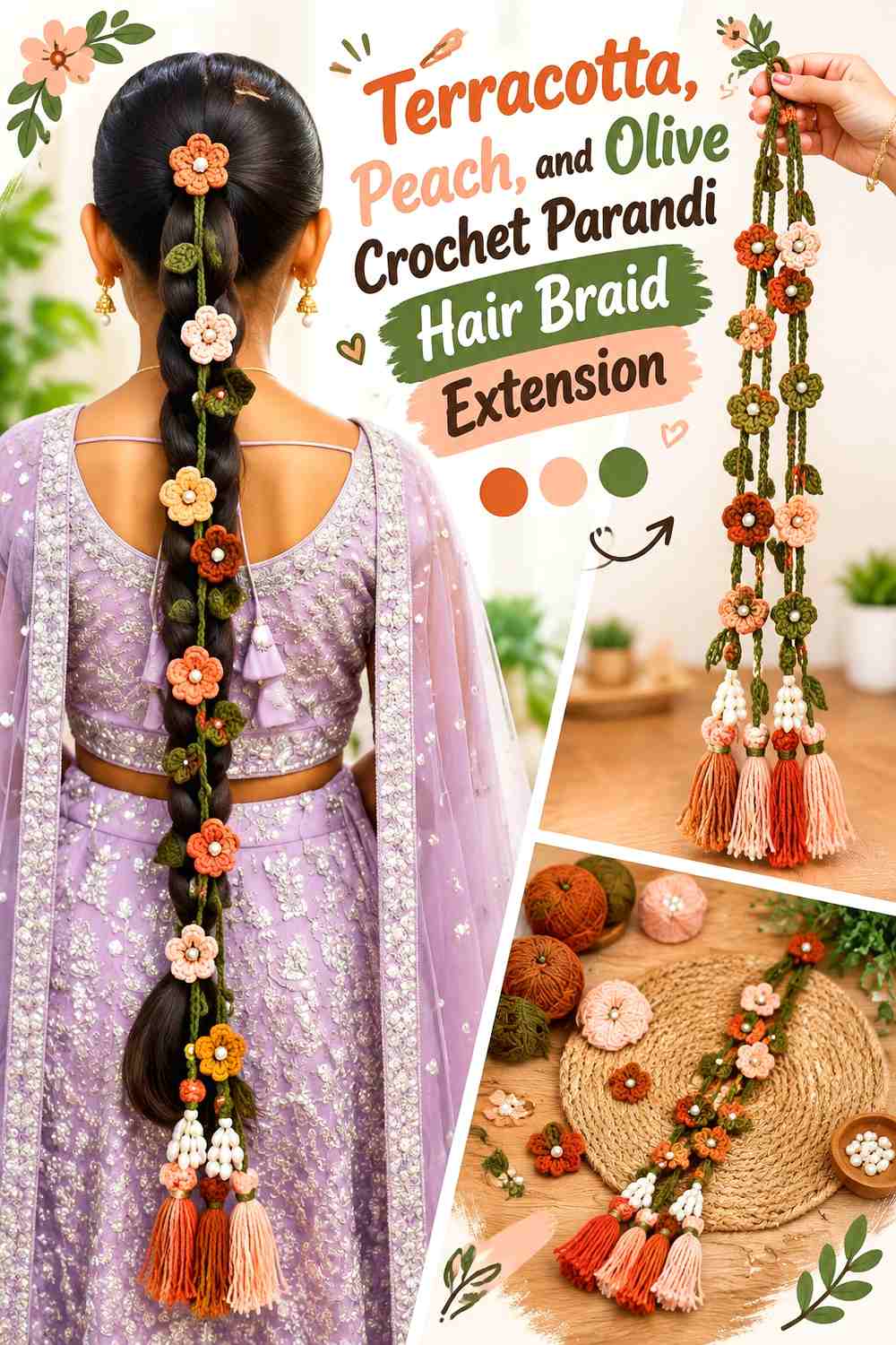 Terracotta, Peach, and Olive Crochet Parandi Hair Braid Extension