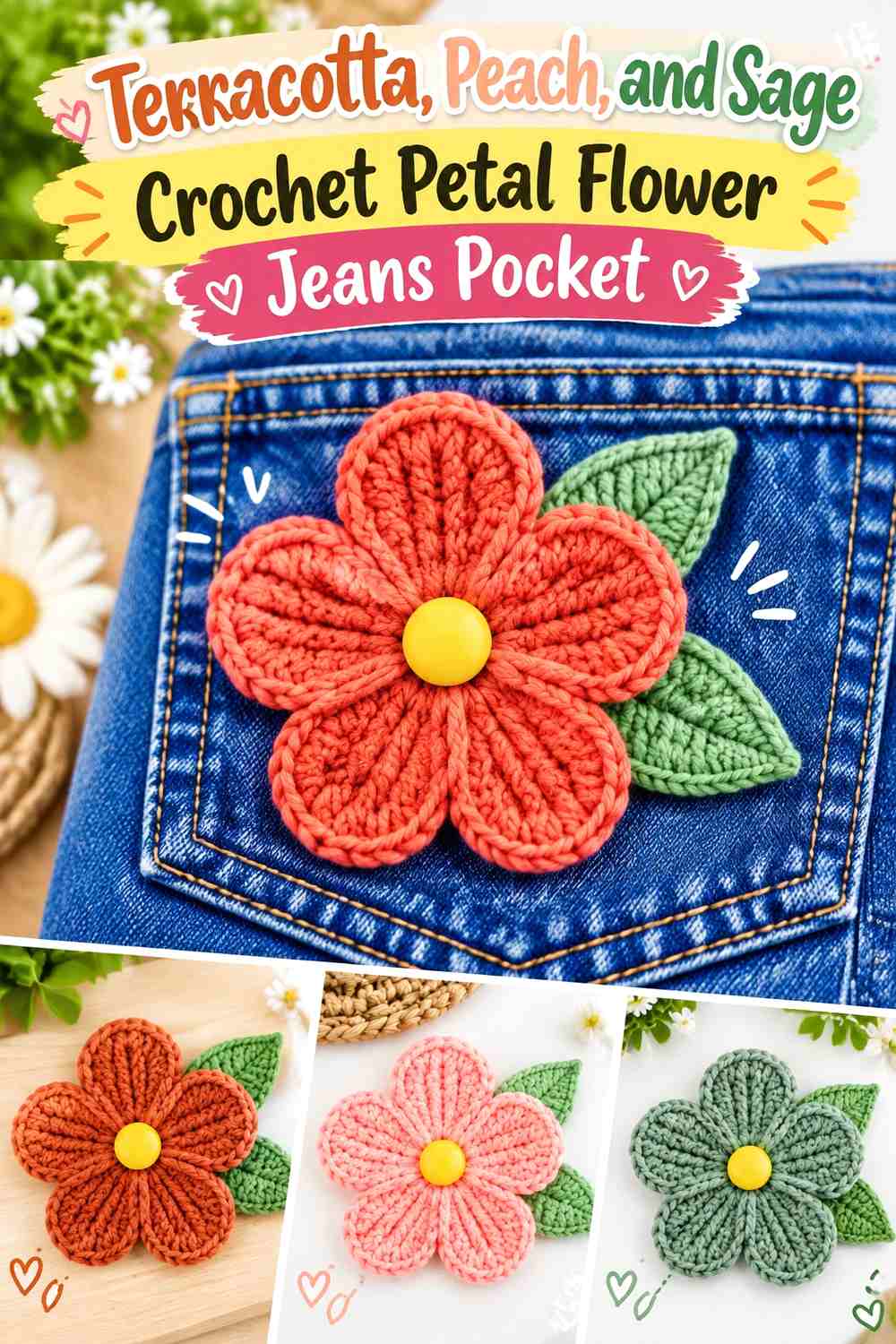Terracotta, Peach, and Sage Crochet Petal Flower Jeans Pocket