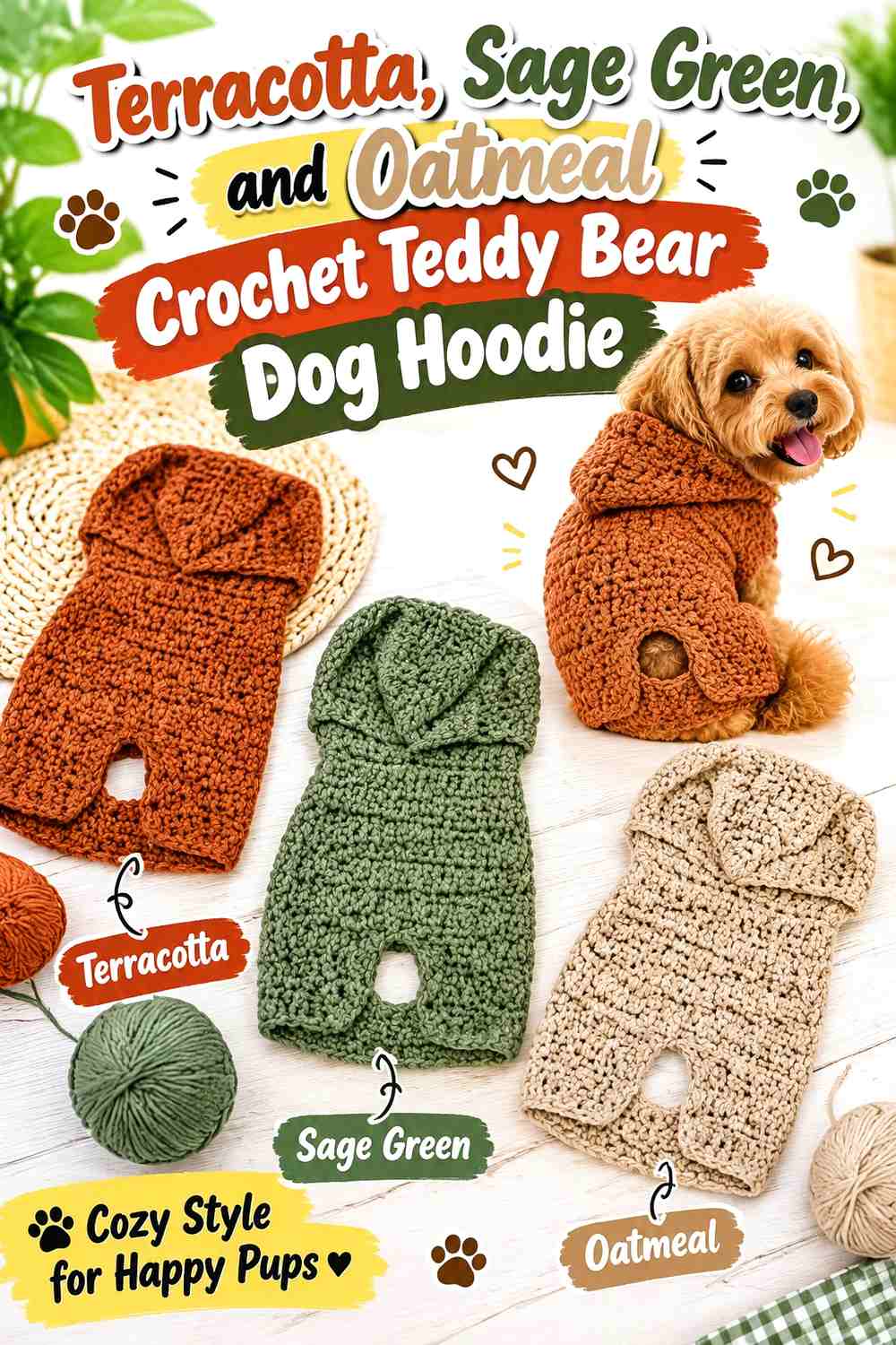 Terracotta, Sage Green, and Oatmeal Crochet Teddy Bear Dog Hoodie