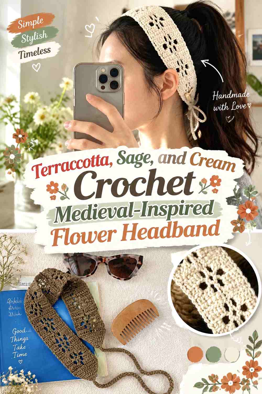 Terracotta, Sage, and Cream Crochet Medieval-Inspired Flower Headband
