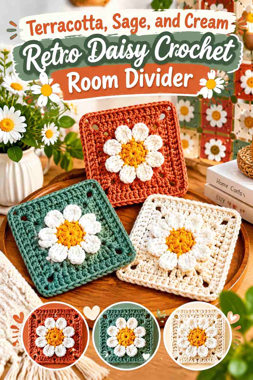 Terracotta, Sage, and Cream Retro Daisy Crochet Room Divider