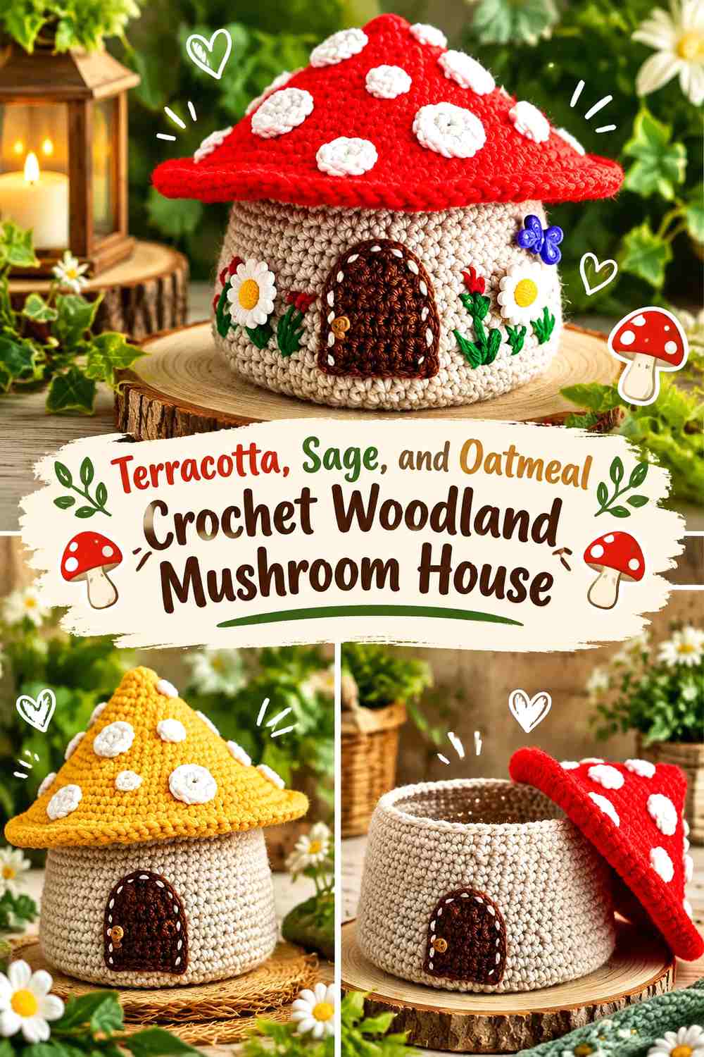 Terracotta, Sage, and Oatmeal Crochet Woodland Mushroom House