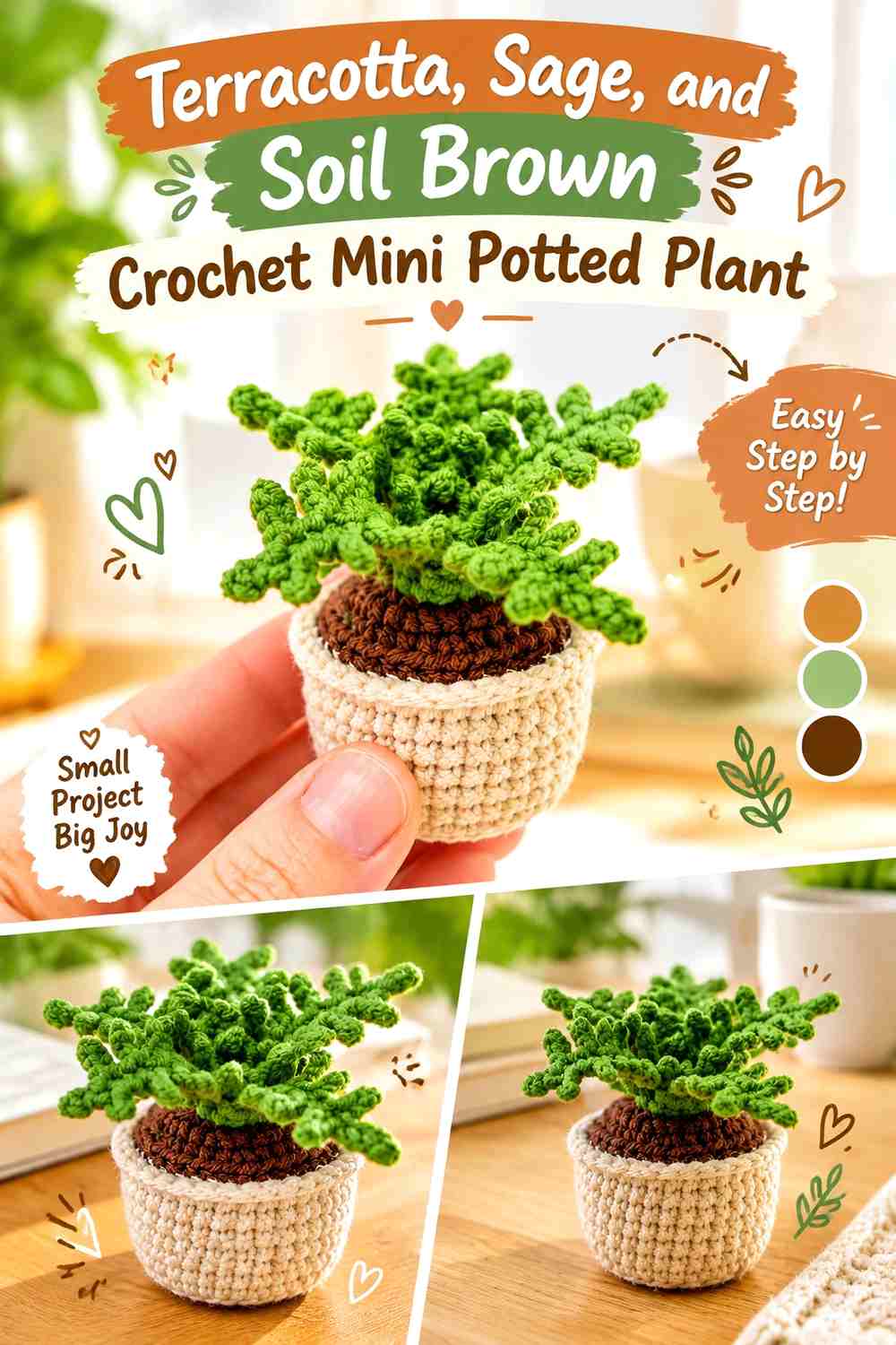 Terracotta, Sage, and Soil Brown Crochet Mini Potted Plant