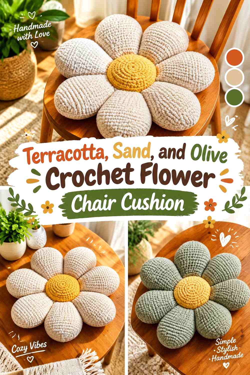 Terracotta, Sand, and Olive Crochet Flower Chair Cushion