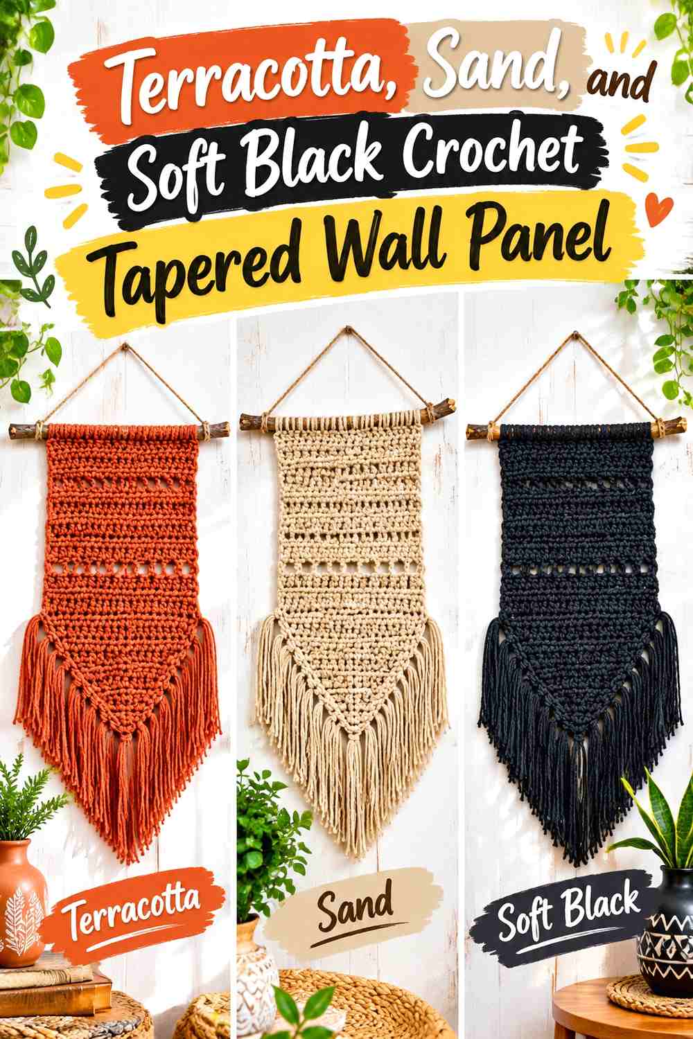 Terracotta, Sand, and Soft Black Crochet Tapered Wall Panel