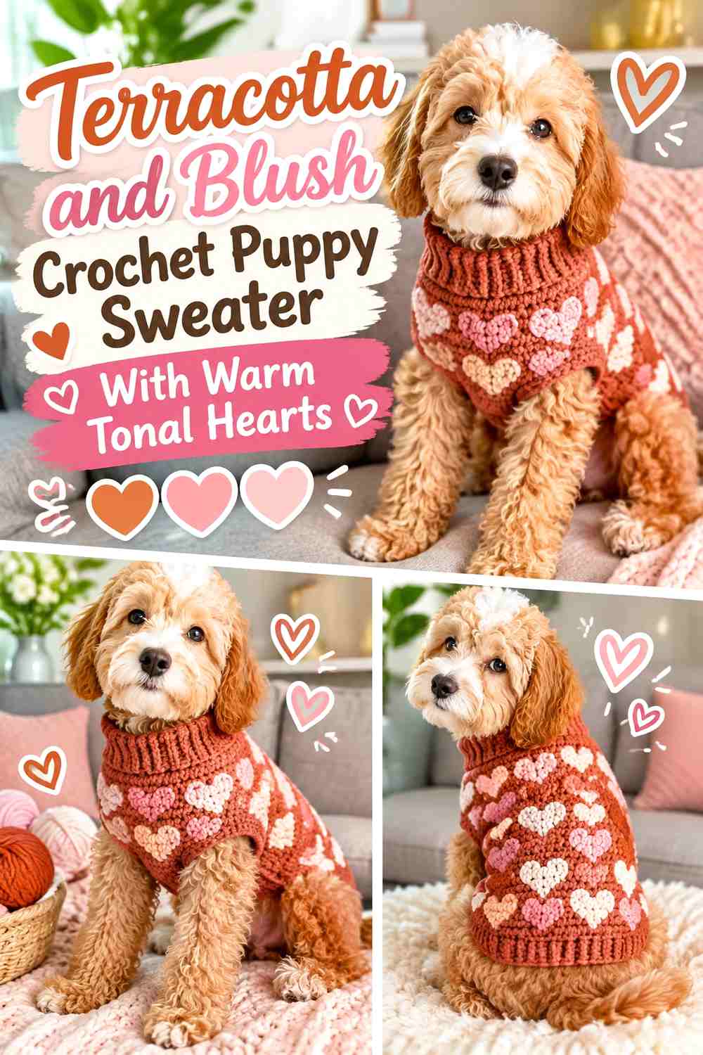 Terracotta and Blush Crochet Puppy Sweater With Warm Tonal Hearts
