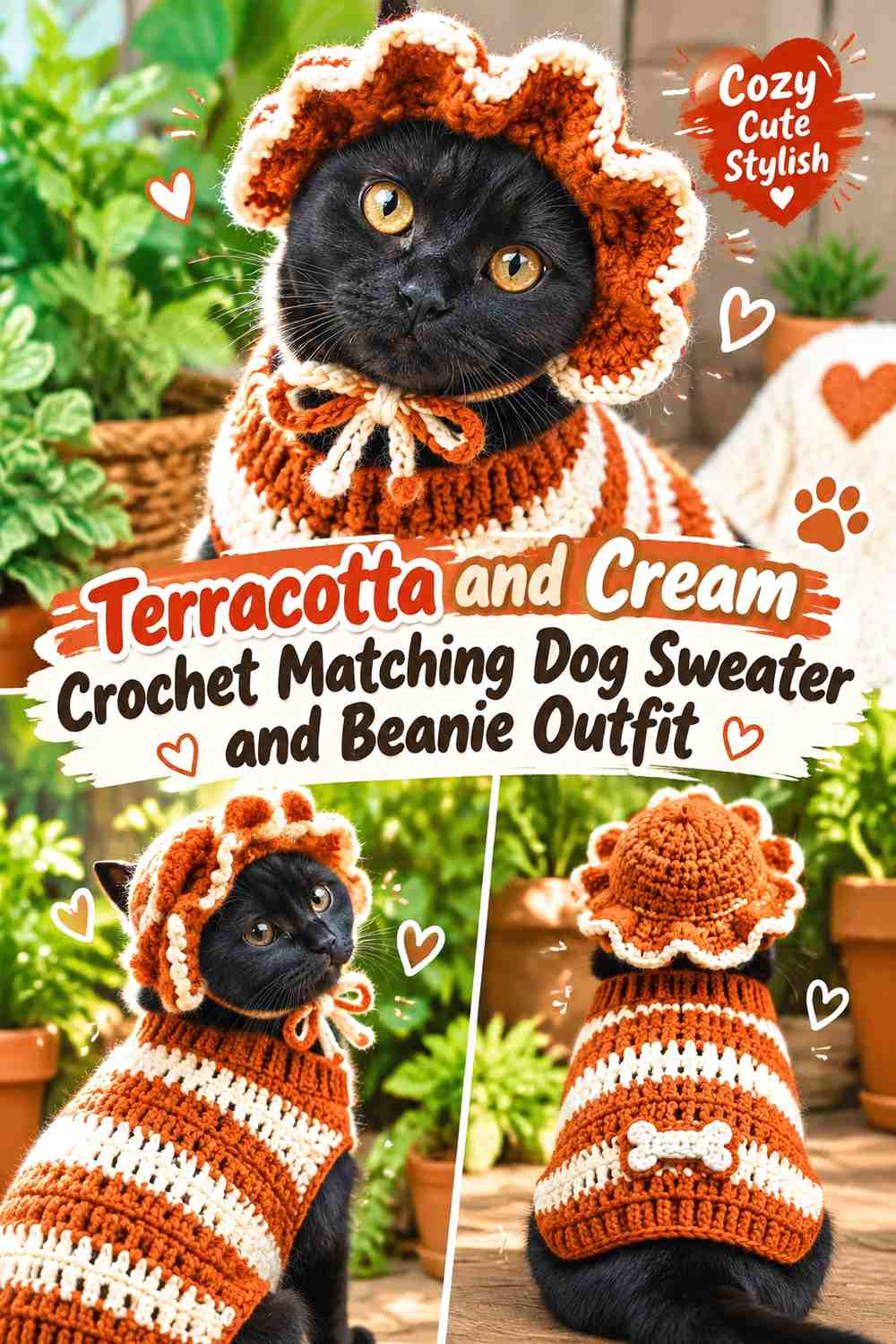 Terracotta and Cream Crochet Matching Dog Sweater and Beanie Outfit