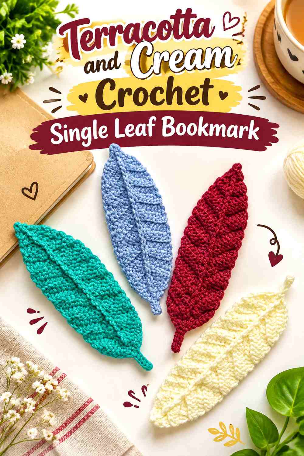 Terracotta and Cream Crochet Single Leaf Bookmark