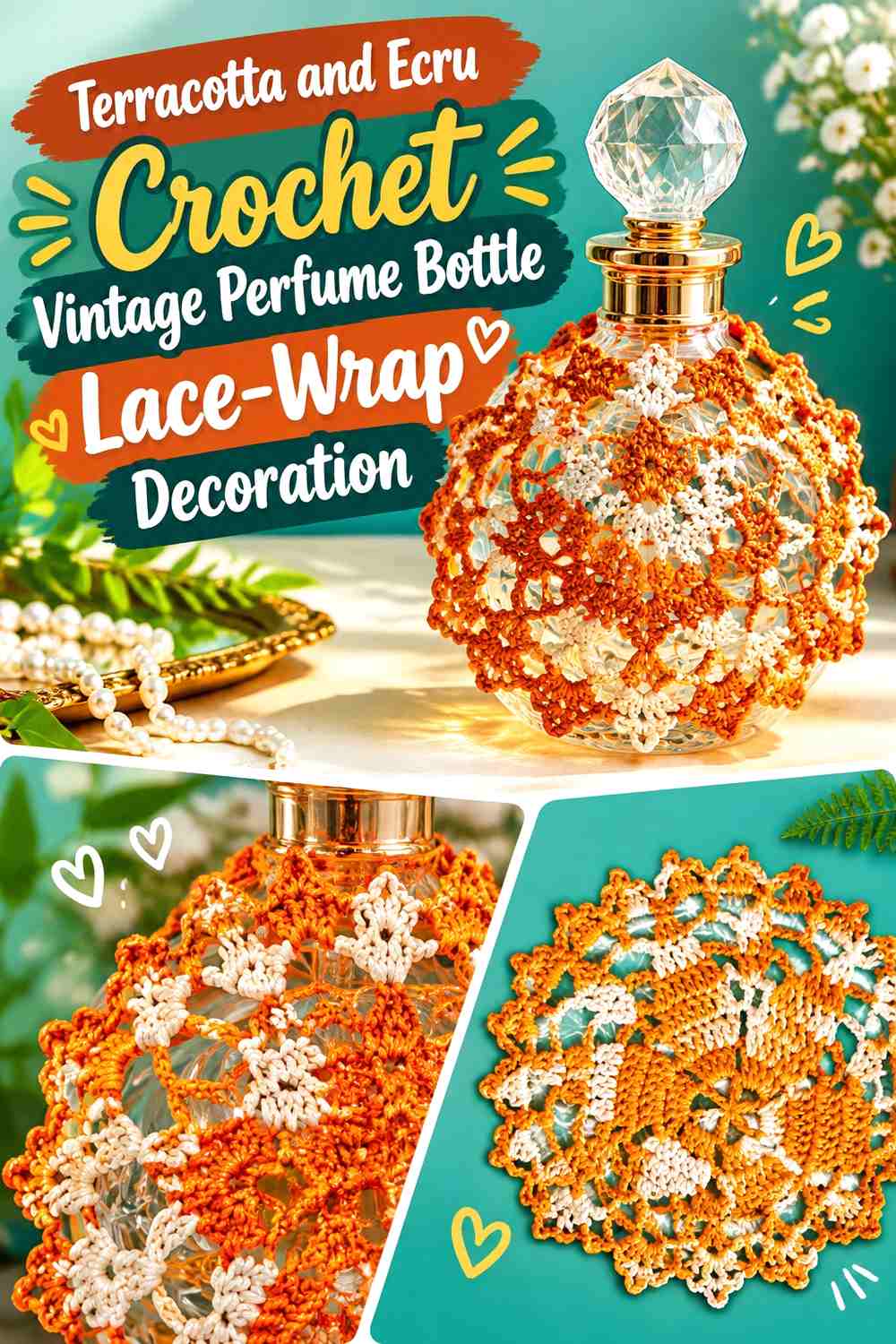 Terracotta and Ecru Crochet Vintage Perfume Bottle Lace-Wrap Decoration