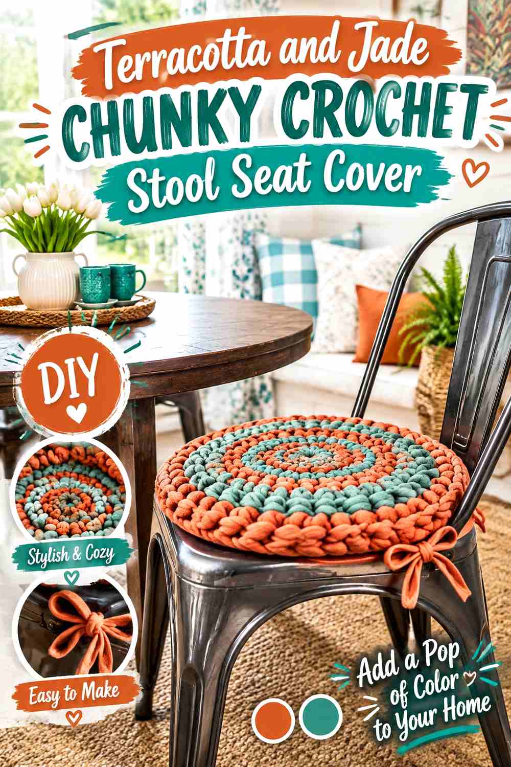 10. Terracotta And Jade Chunky Crochet Stool Seat Cover