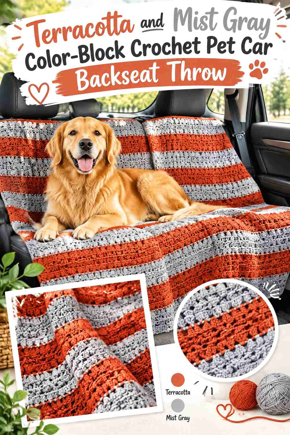 Terracotta and Mist Gray Color-Block Crochet Pet Car Backseat Throw