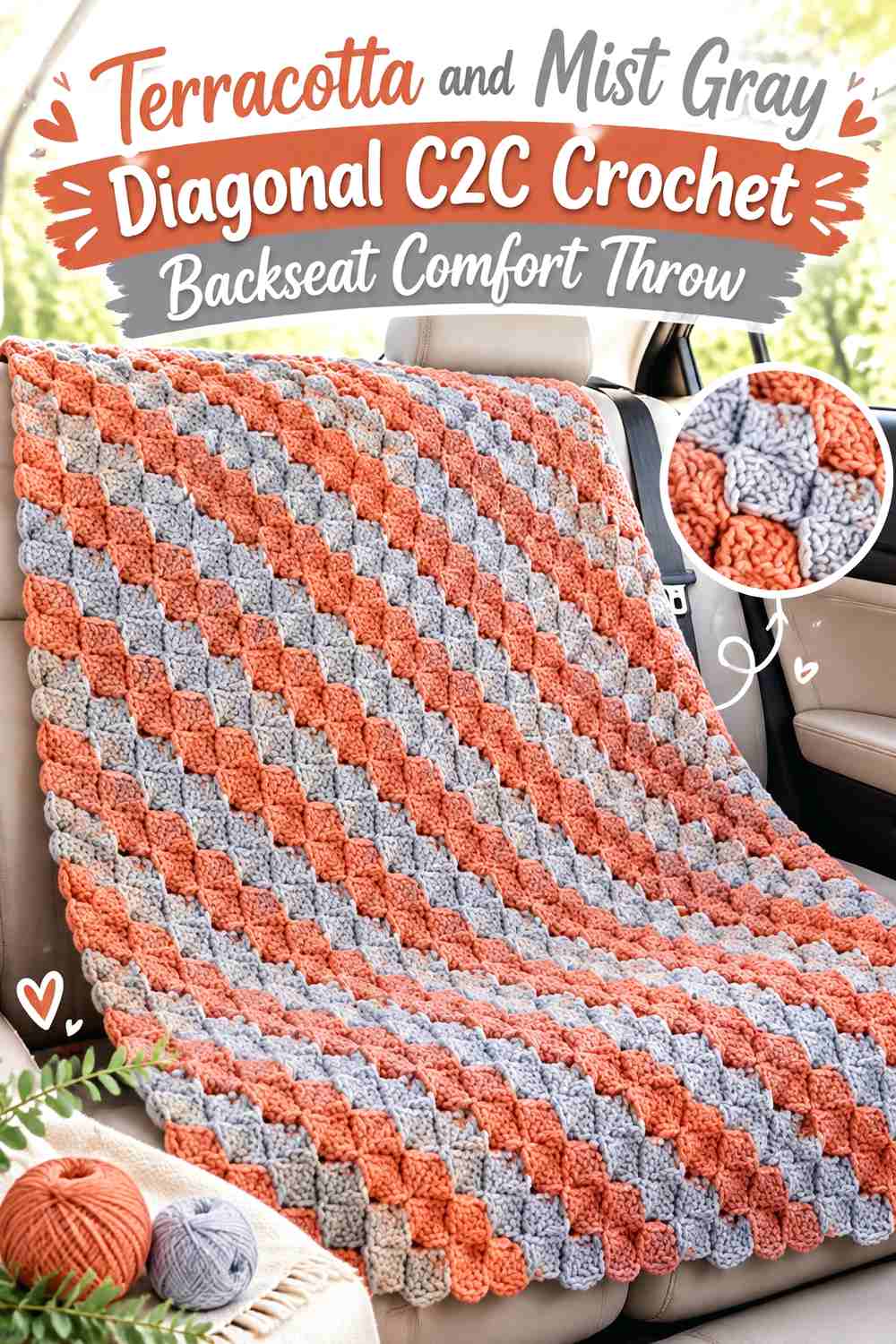 Terracotta and Mist Gray Diagonal C2C Crochet Backseat Comfort Throw