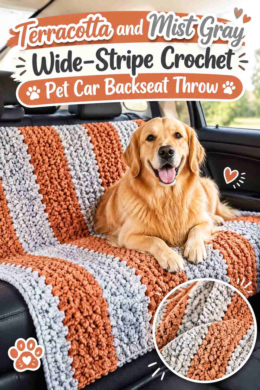 Terracotta and Mist Gray Wide-Stripe Crochet Pet Car Backseat Throw
