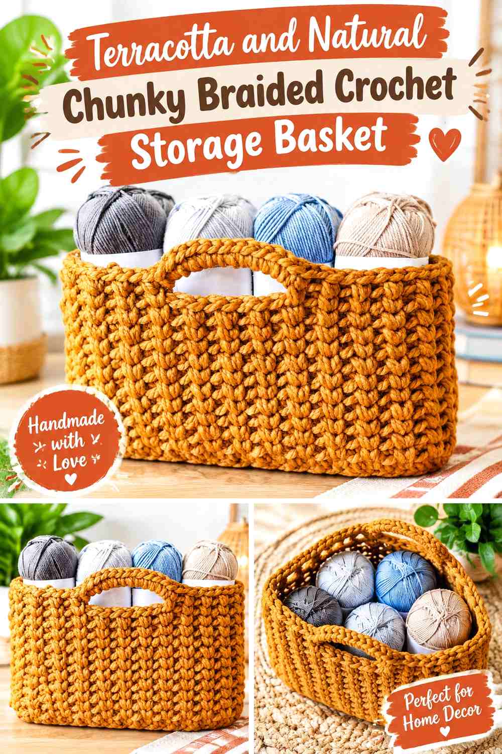 Terracotta and Natural Chunky Braided Crochet Storage Basket