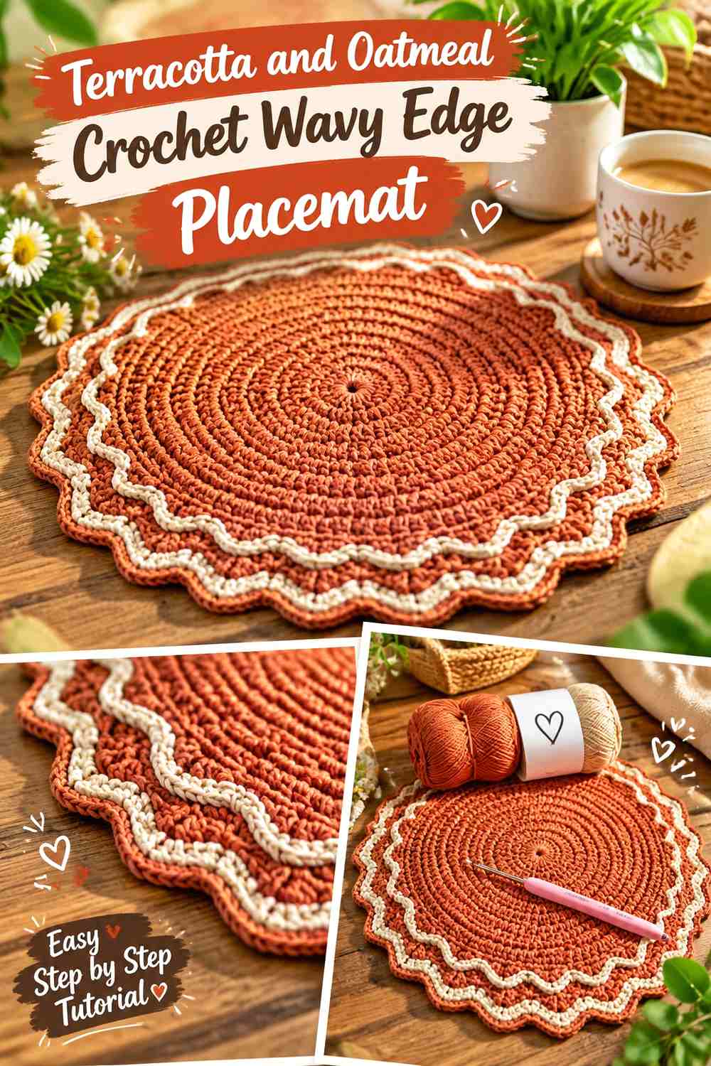 Terracotta and Oatmeal Crochet Wavy Edge Placemat