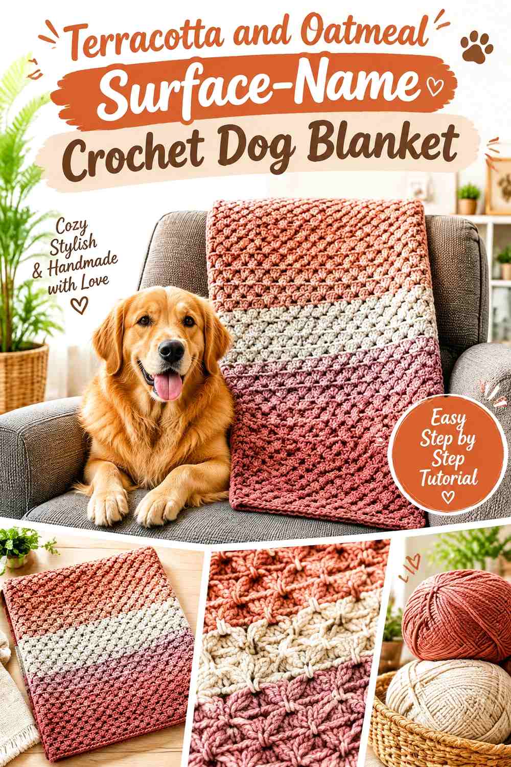 Terracotta and Oatmeal Surface-Name Crochet Dog Blanket
