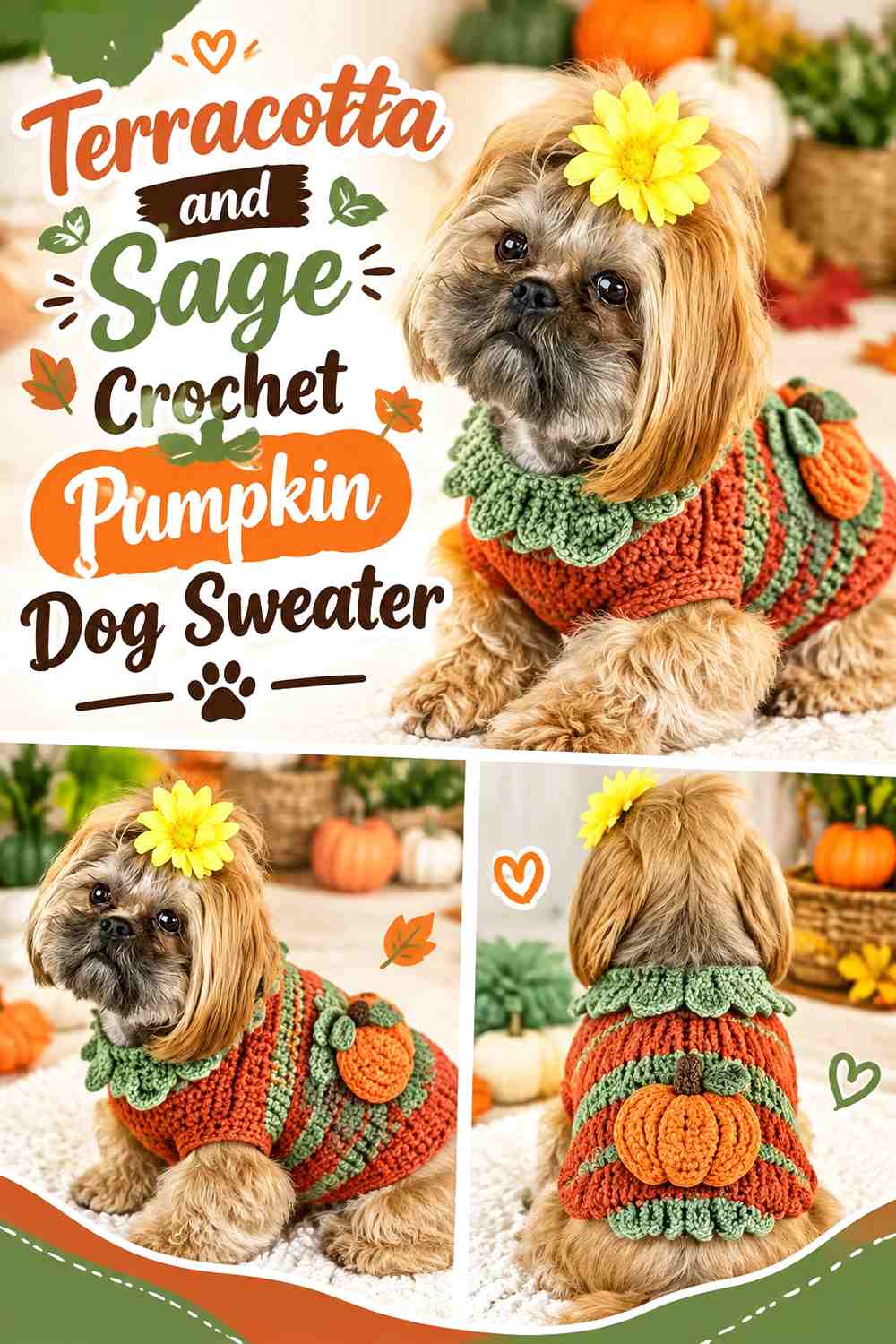 Terracotta and Sage Crochet Pumpkin Dog Sweater
