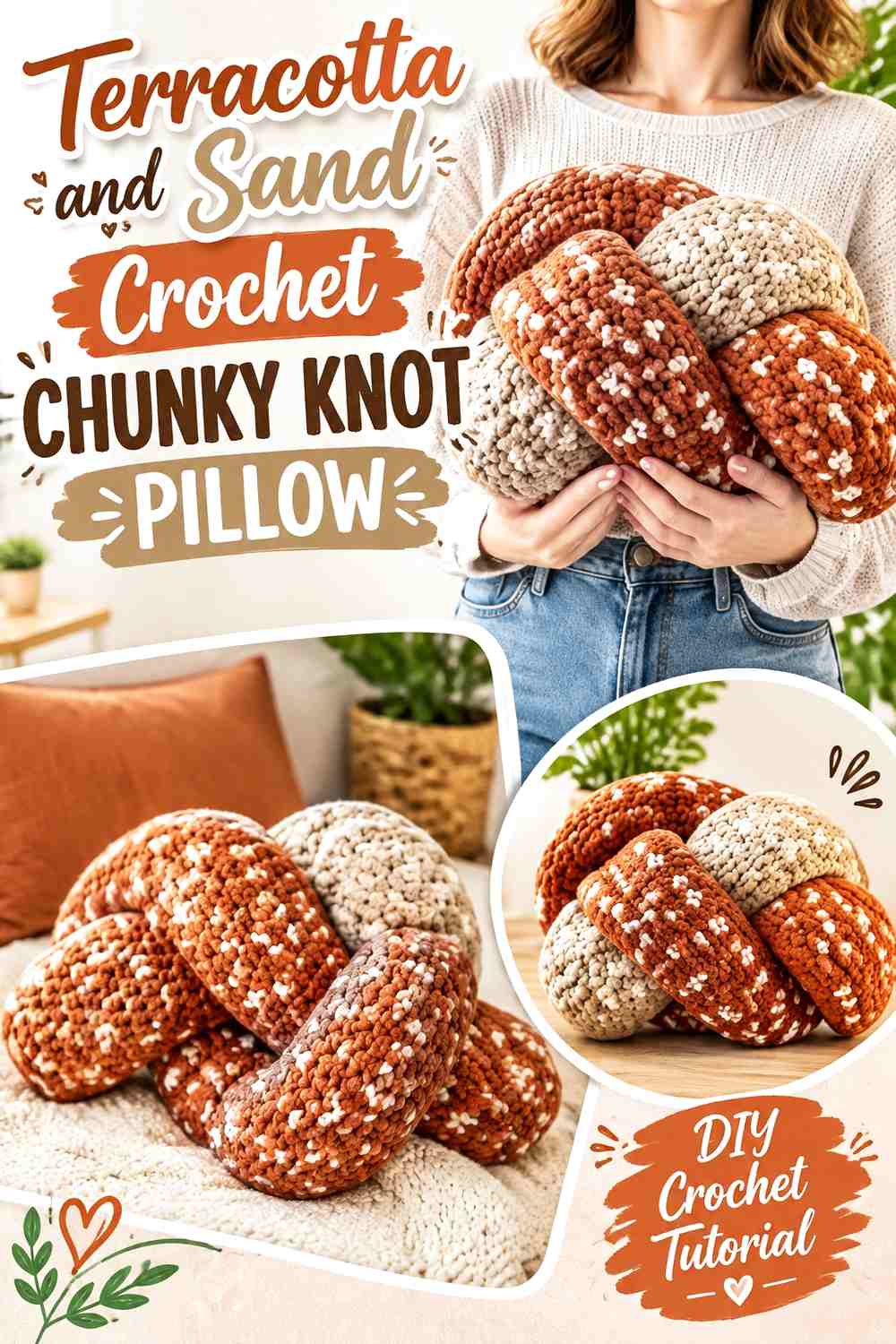 Terracotta and Sand Crochet Chunky Knot Pillow