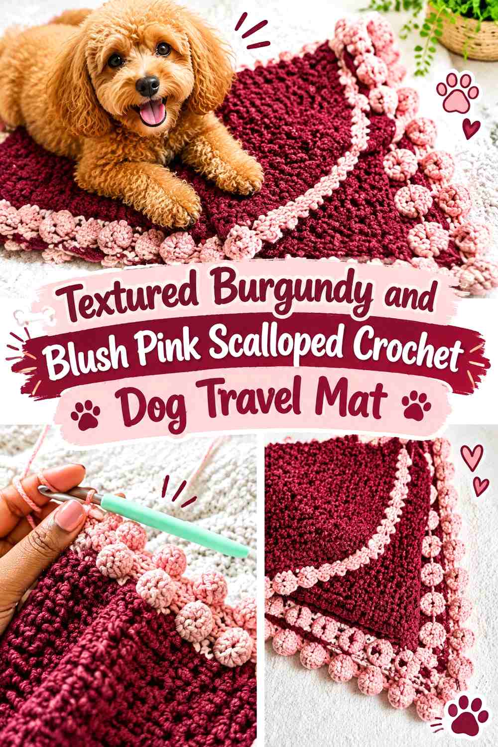 Textured Burgundy and Blush Pink Scalloped Crochet Dog Travel Mat