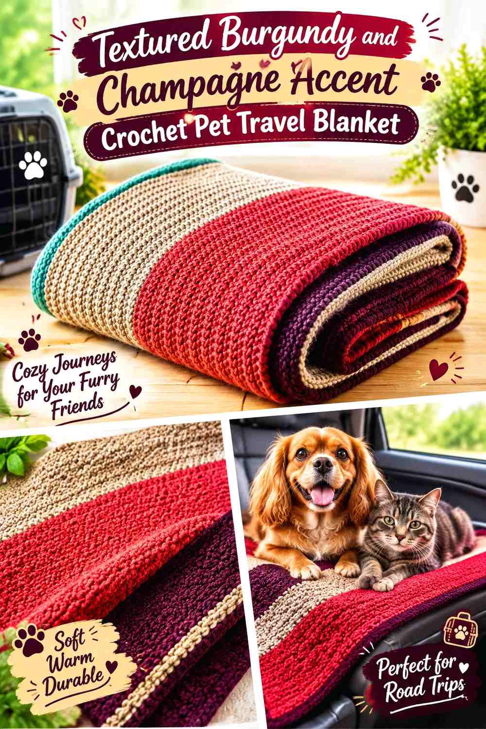 Textured Burgundy and Champagne Accent Crochet Pet Travel Blanket