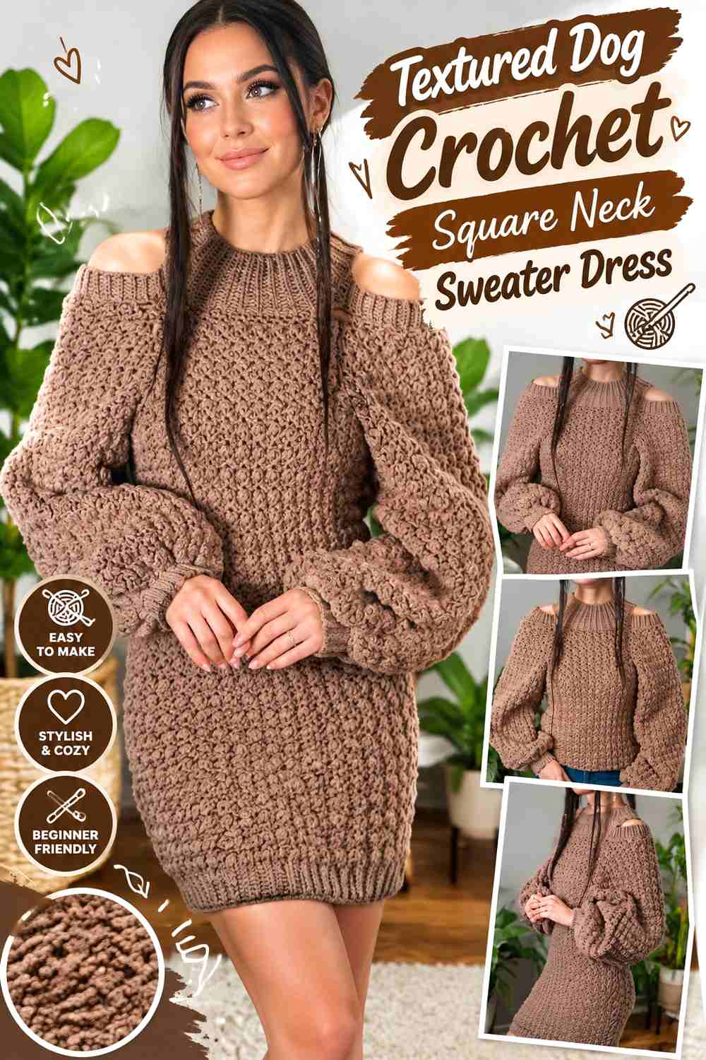 Textured Dog Crochet Square Neck Sweater Dress