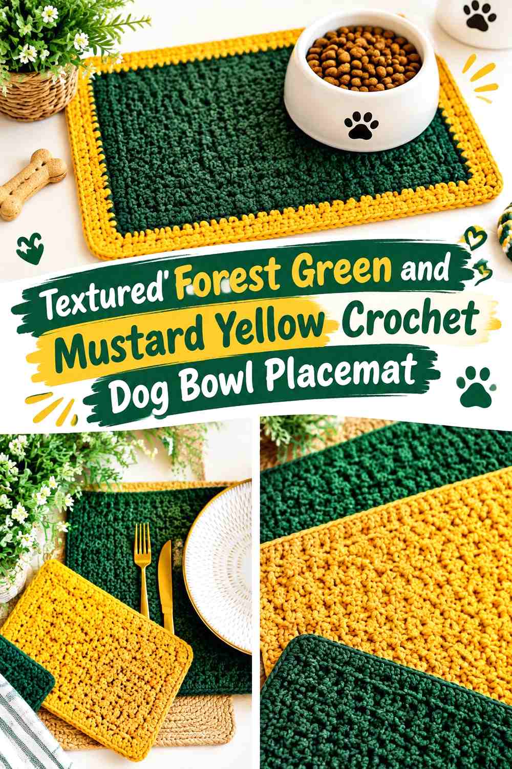 Textured Forest Green and Mustard Yellow Crochet Dog Bowl Placemat