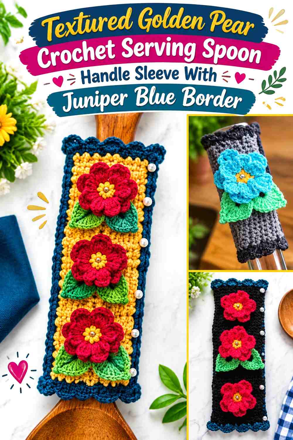 Textured Golden Pear Crochet Serving Spoon Handle Sleeve With Juniper Blue Border