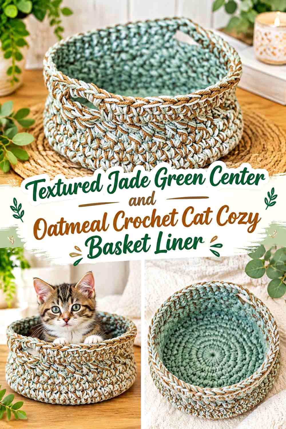Textured Jade Green Center and Oatmeal Crochet Cat Cozy Basket Liner