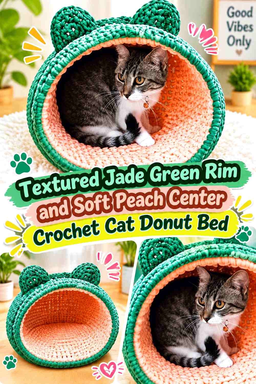 Textured Jade Green Rim and Soft Peach Center Crochet Cat Donut Bed