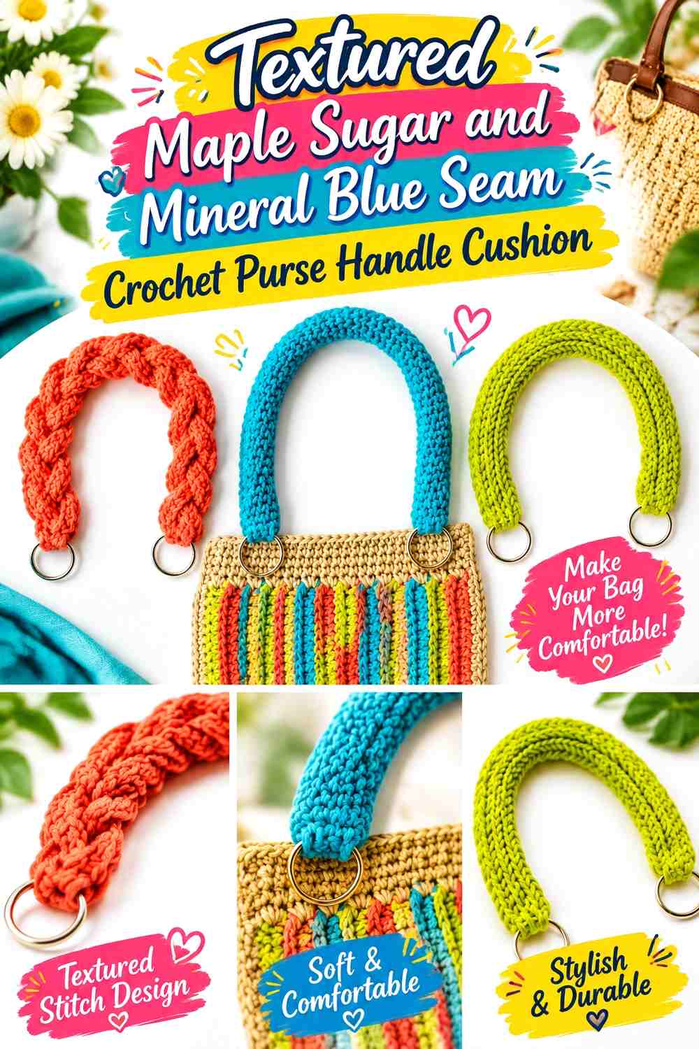 Textured Maple Sugar and Mineral Blue Seam Crochet Purse Handle Cushion