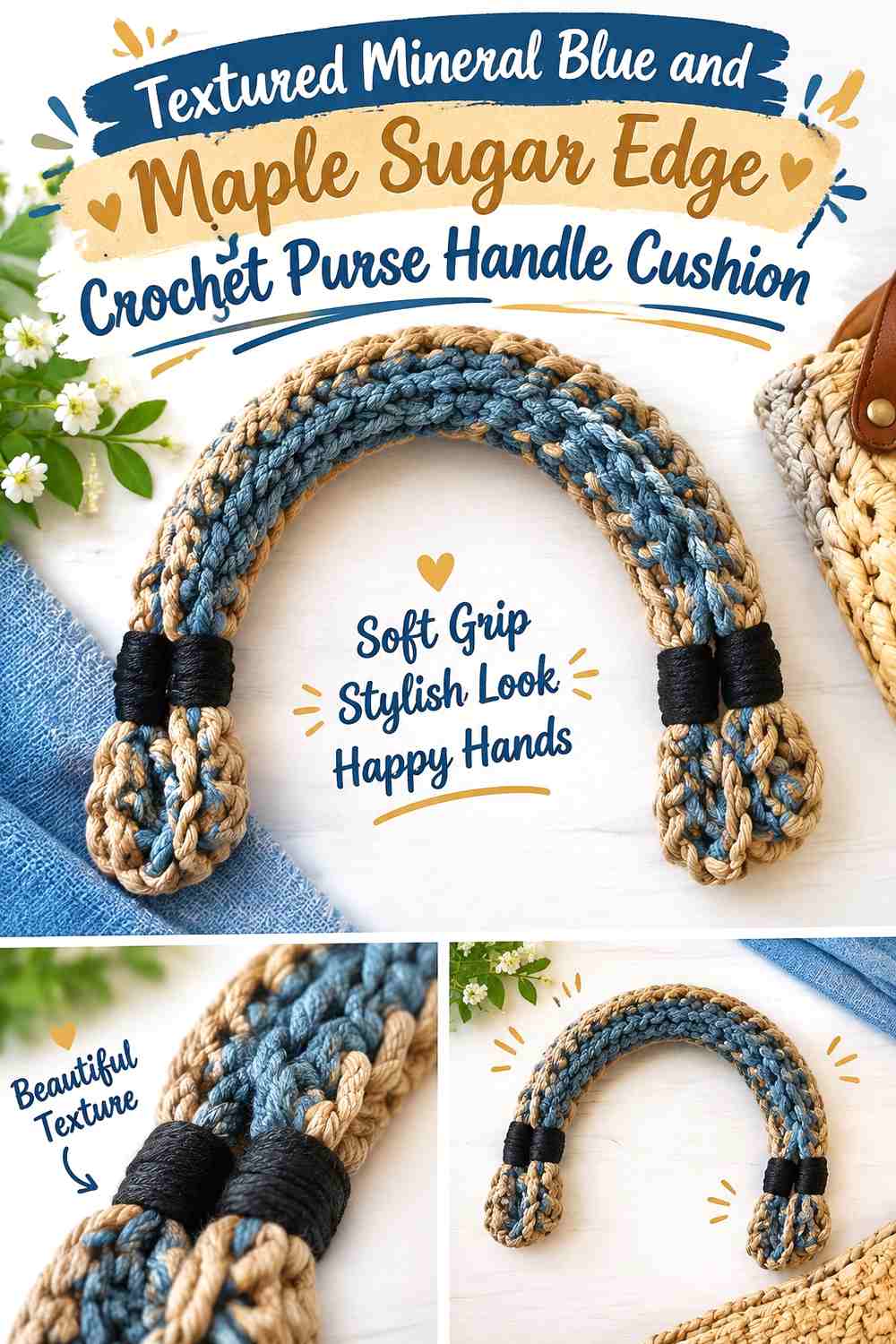 Textured Mineral Blue and Maple Sugar Edge Crochet Purse Handle Cushion