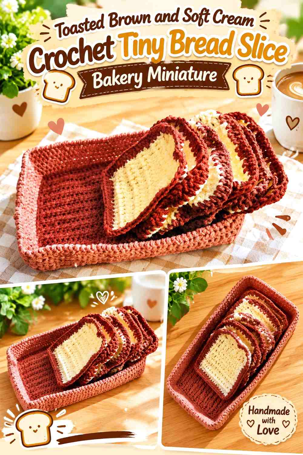 Toasted Brown and Soft Cream Crochet Tiny Bread Slice Bakery Miniature