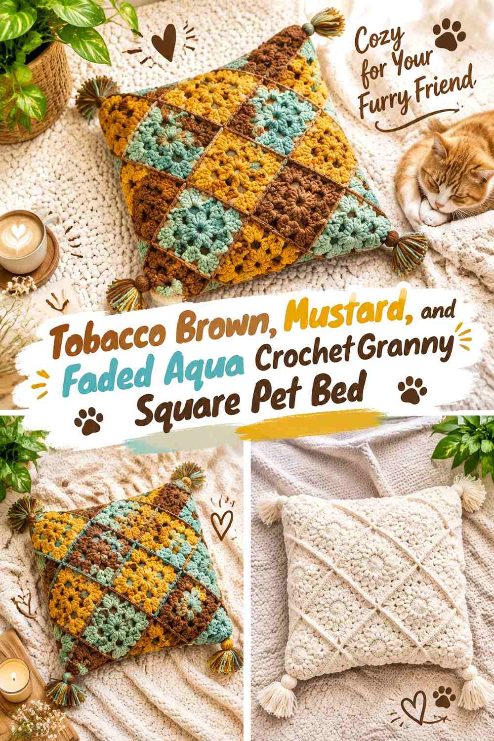 Tobacco Brown, Mustard, and Faded Aqua Crochet Granny Square Pet Bed