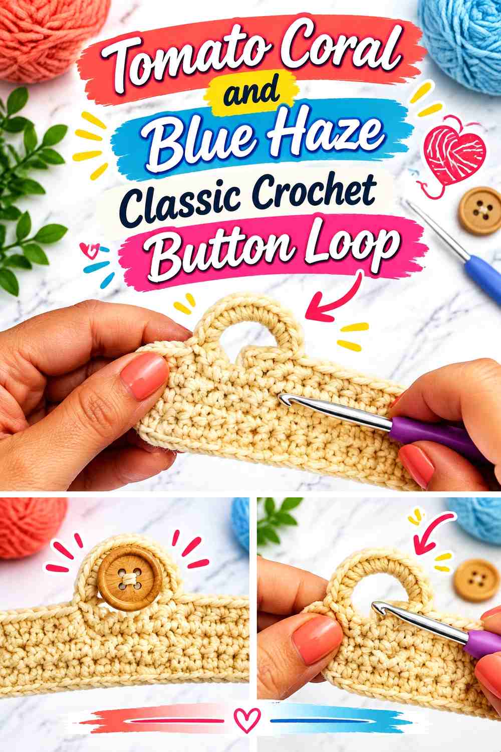 Tomato Coral and Blue Haze Classic Crochet Button Loop