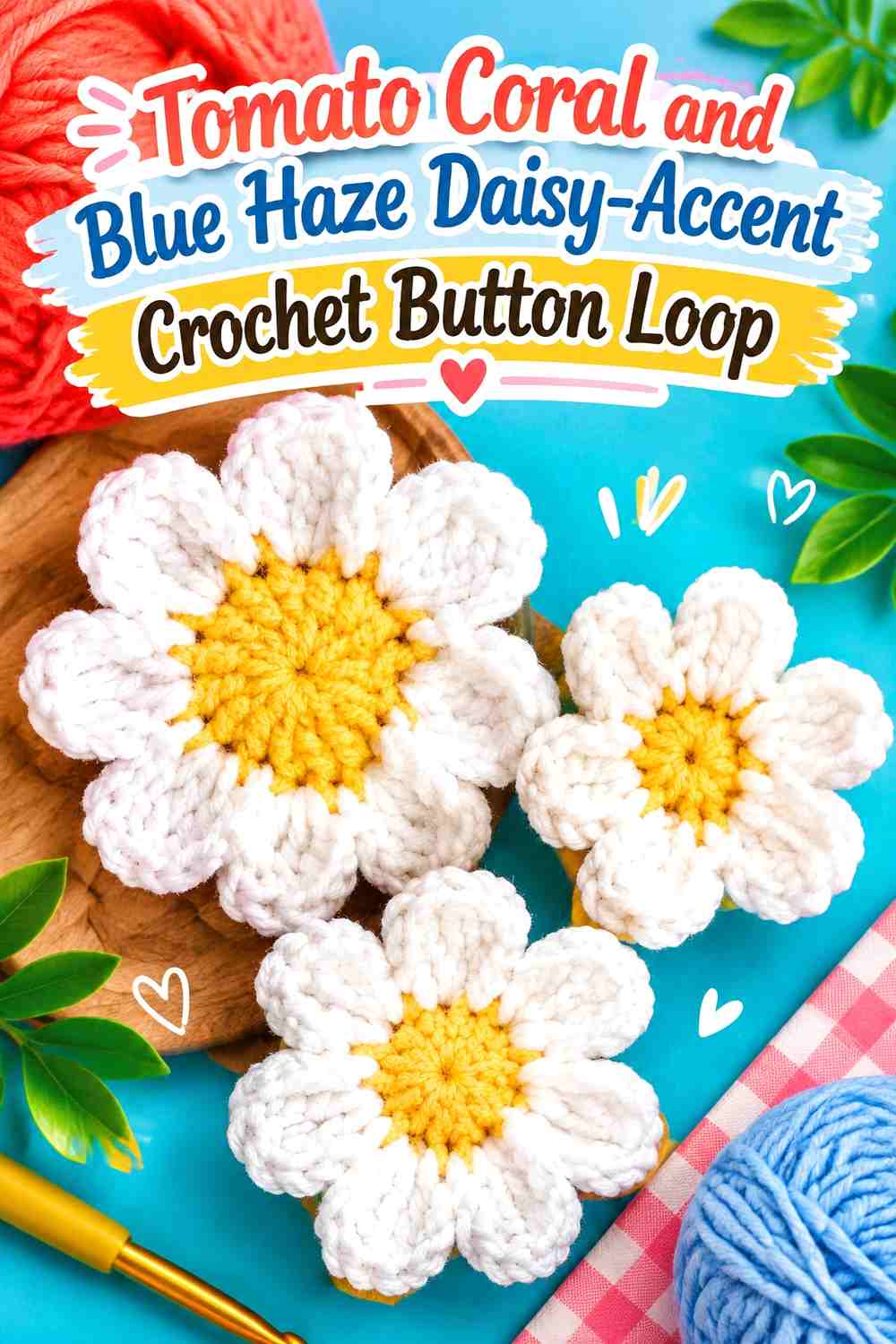 Tomato Coral and Blue Haze Daisy Accent Crochet Button Loop