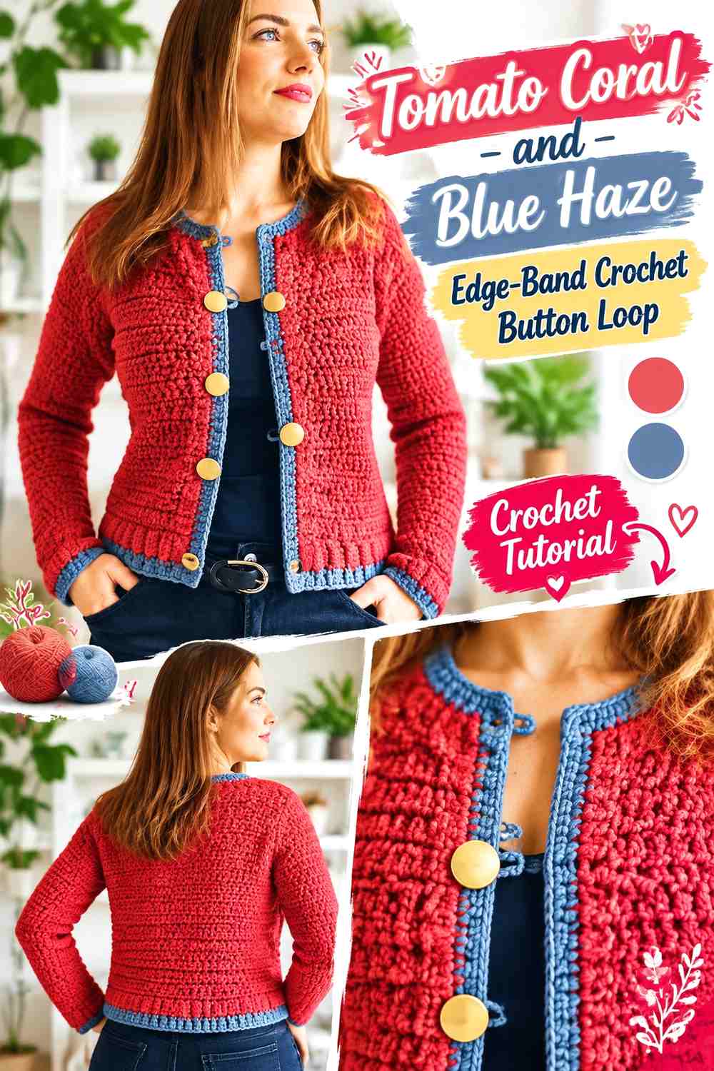 Tomato Coral and Blue Haze Edge Band Crochet Button Loop