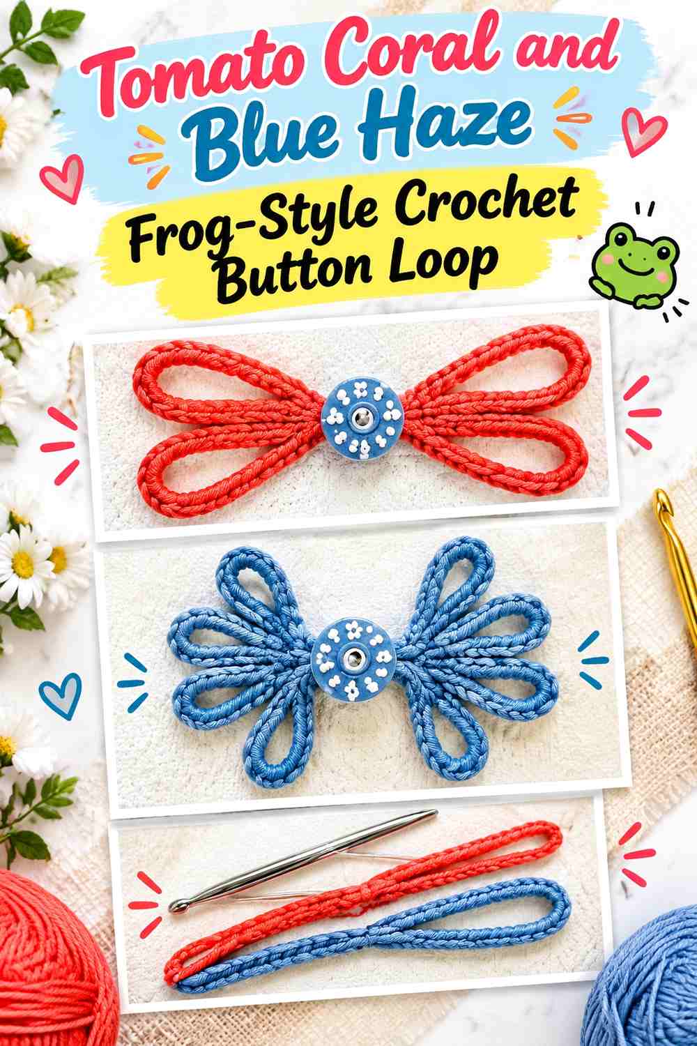 Tomato Coral and Blue Haze Frog Style Crochet Button Loop