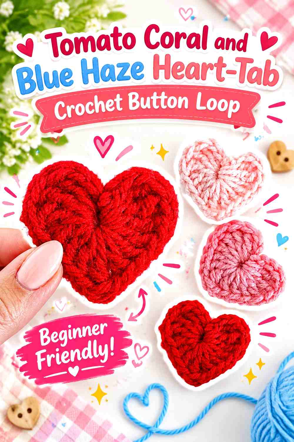 Tomato Coral and Blue Haze Heart Tab Crochet Button Loop